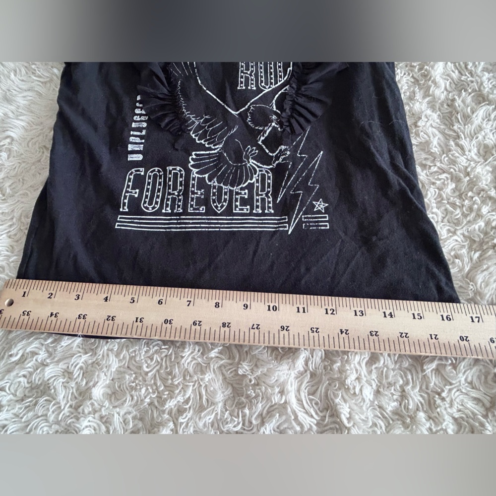 women's Black Graphic Tee with Ruffle Detail - Picture 6 of 7